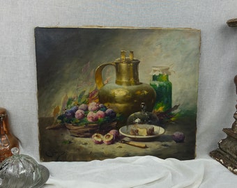 Huile sur toile, nature morte, fruits du début des années 1900, cuivre et fromage, artiste E. Lausanne, prête à encadrer, scène de cuisine de campagne antique