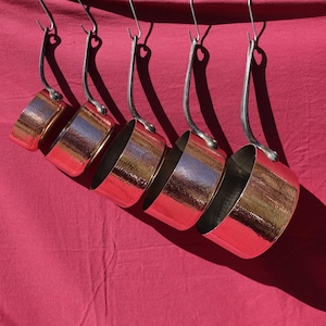 Set 5 French Hammered Copper Saucepans, A Lovely Set 5 Antique Artisan Refurbished Copper Pans, Thickness 2 mm, Tin Lined & Iron Handles.