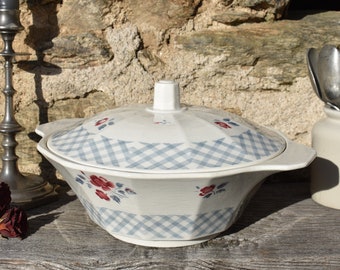 1950s Pretty French Tureen, "Digoin" A Ceramic Soup Tureen - "Bastia" Grey & Red Roses + Checked Border, Lovely Shape Vintage French Tureen