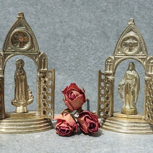 French Pair Religious Gated Shrines, Jesus Of The Sacred Heart And Mary Matched Pair Of Statuettes, Beautiful Brass Mary And Jesus Figures.