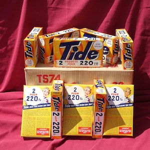 Zeldzame vintage getijdenzeeppoeder, dubbelverpakking, Franse reclame uit het midden van de eeuw, retro wasdecor, Procter & Gamble, ongeopend waspoeder jaren 50