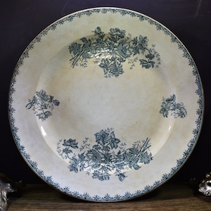 Antique French Ironstone Serving Plate With Teal Blue Transferware Anemones 1894-1913 Leon Graves Luneville, Shabby Chic Ironstone Platter.