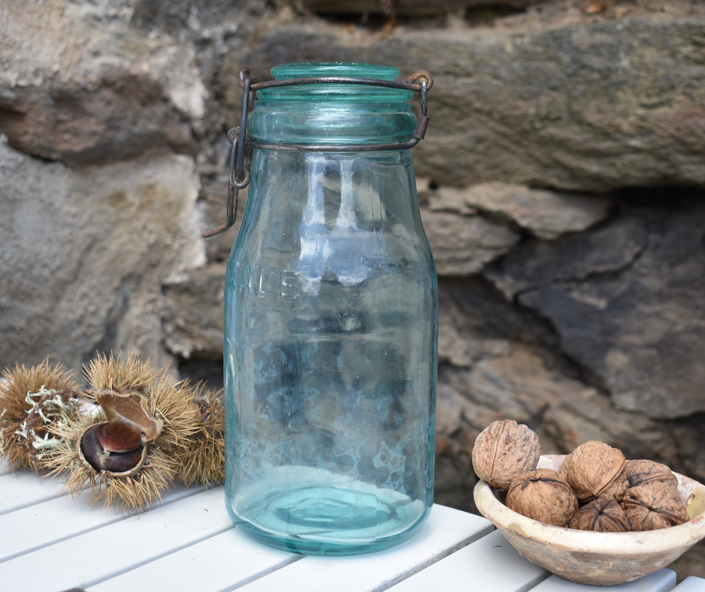 Français Bocal de Conserve en Verre Bleu, Pot Rangement 1 Litre