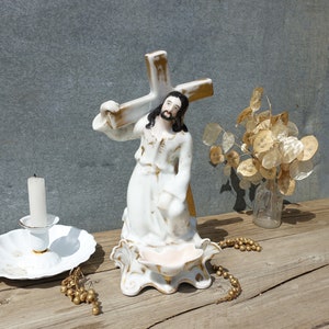 1800s Jesus Christ Holy Water Font, Superb 12" Paris Porcelain & Gilt Decor Jesus Christ Benetier, French Antique Porcelain Holy Water Font