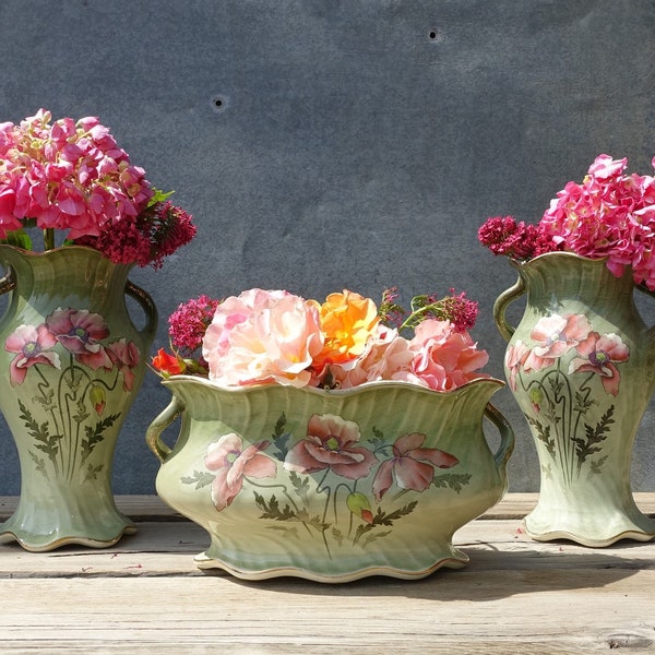 c1900s French Majolica Garniture, Trio of Stunning Art Nouveau Jardiniére & 2 Vases, "Fives-Lille - Gustave De Bruyn" Stylized Tulips Design