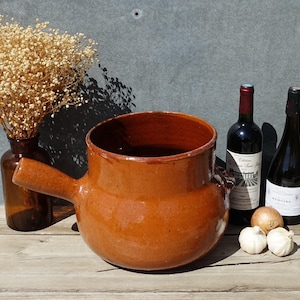 French Super Large Toupin, Provence Fully Glazed Cooking Pot, 9 1/4&quot; Clay Pot With Traditional Hollow Side Handle, Great Patina And Texture