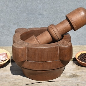 French Wooden Pestle & Mortar, A Large Traditional Southern French Beautifully Handcrafted Fruit Wood Mortar With Original Matching Pestle