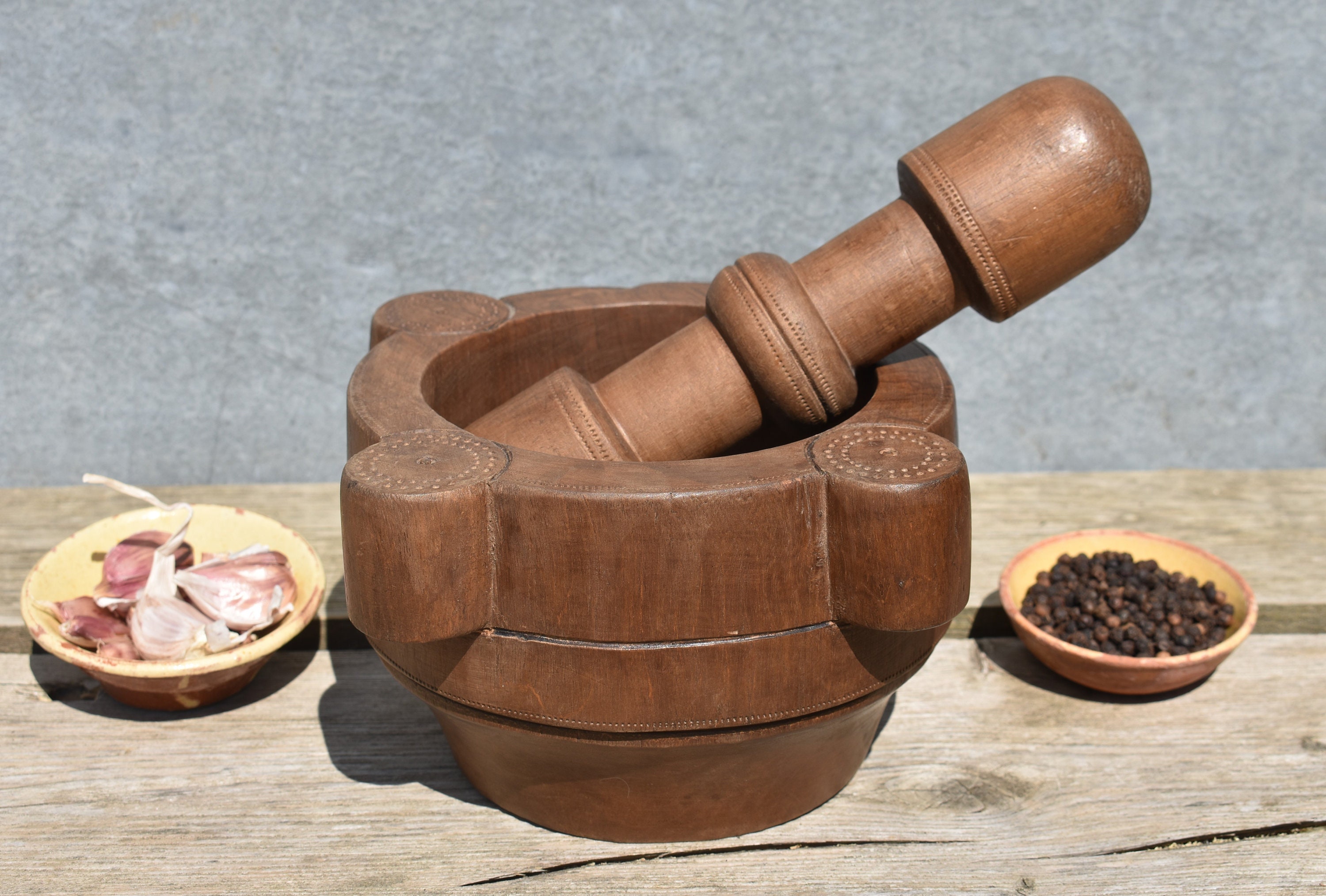 French Wooden Pestle & Mortar, A Large Traditional Southern French Beautifully Handcrafted Fruit Wood Mortar With Original Matching Pestle