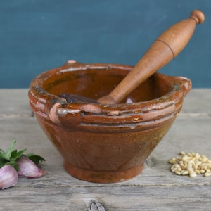 French Mortar & Pestle, Rustic Provincial Caramel Glazed Earthenware Mortar + Wooden Mismatched Pestle For Salt, Rustic Kitchen, Decor only!