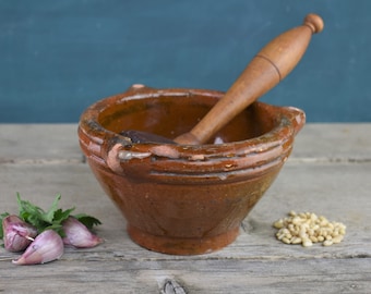 French Mortar & Pestle, Rustic Provincial Caramel Glazed Earthenware Mortar + Wooden Mismatched Pestle For Salt, Rustic Kitchen, Decor only!