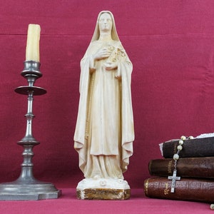 Antique French Large St Therese Statue, c1920s Beautiful Monochrome Chalkware 13&quot; St Therese de Lisieux Statue, Fabulous Timeworn Patina