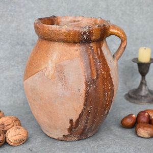 1800s French Wabi Sabi Clay Pitcher, French Primitive 7" Part Glazed Earthenware Jug, Fab Thick Honey Glaze With  Globules & Lovely Patina