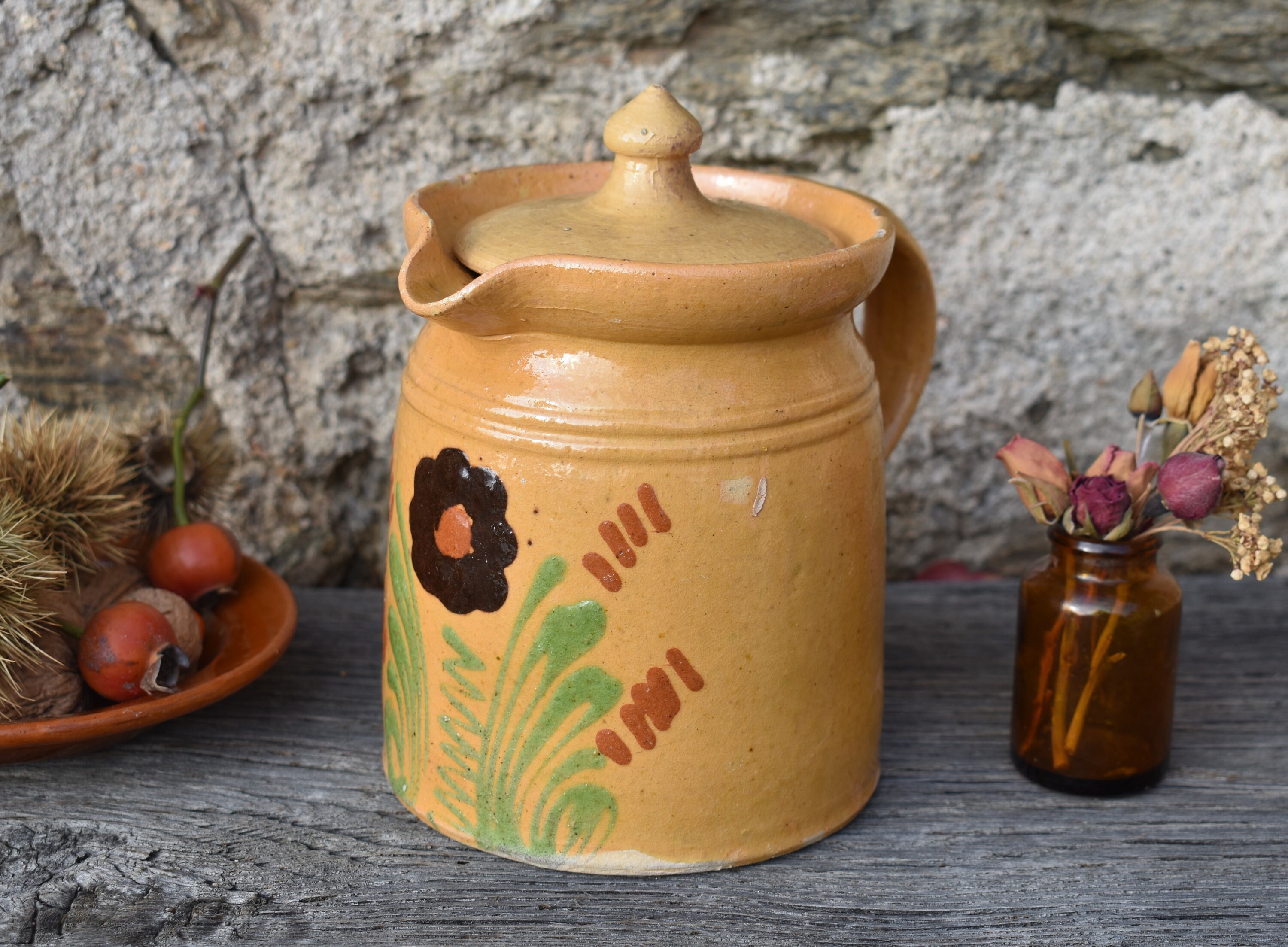 Pichet en Argile Alsace Slipware, Charmante Français Ferme Primitive Terracotta Lait /Eau Jug, Poter