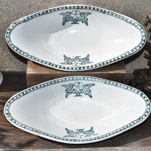 2 Antique French Ironstone Raviers, Pair of St Amand 1920&#39;s Art Deco Green Transferware Oval Serving Dishes, French Ironstone Soap Dishes