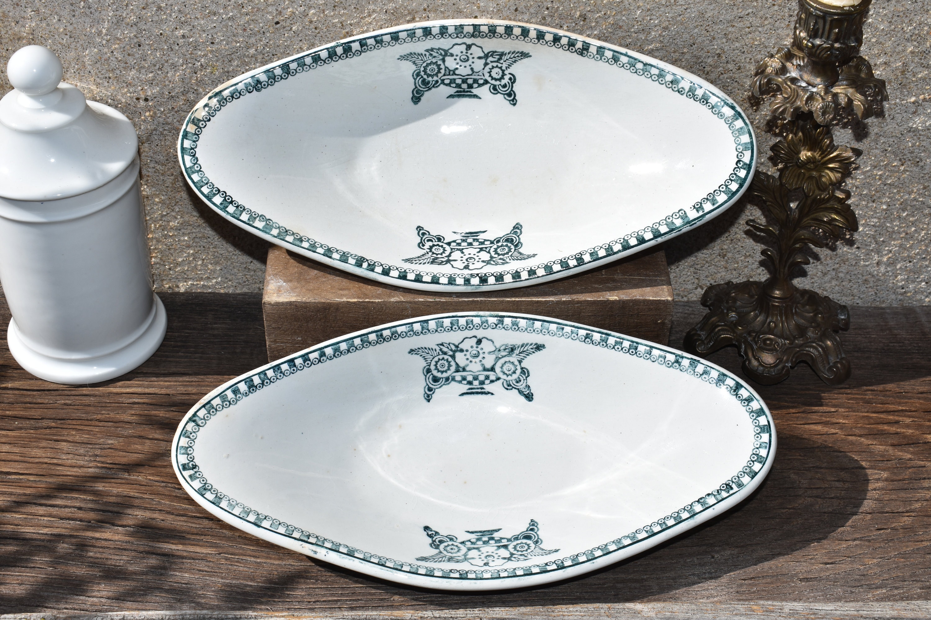 2 Raviers Antiques Français Ironstone, Paire de Plats Service Ovales Art Déco Green Transferware St 