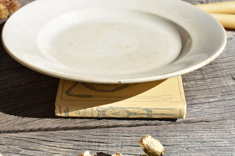 Lovely Old Tea Stained Large Round Plate Antique French Ivory Ironstone Round Serving Plate Badonviller c1930 Ironstone Round Platter