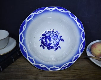 1930s French Ceramic Deep Salad Bowl, "Digoin" Faceted Dessert or Fruit Bowl, Royal Blue Art Deco Floral Stencil "Odette" French Saladier