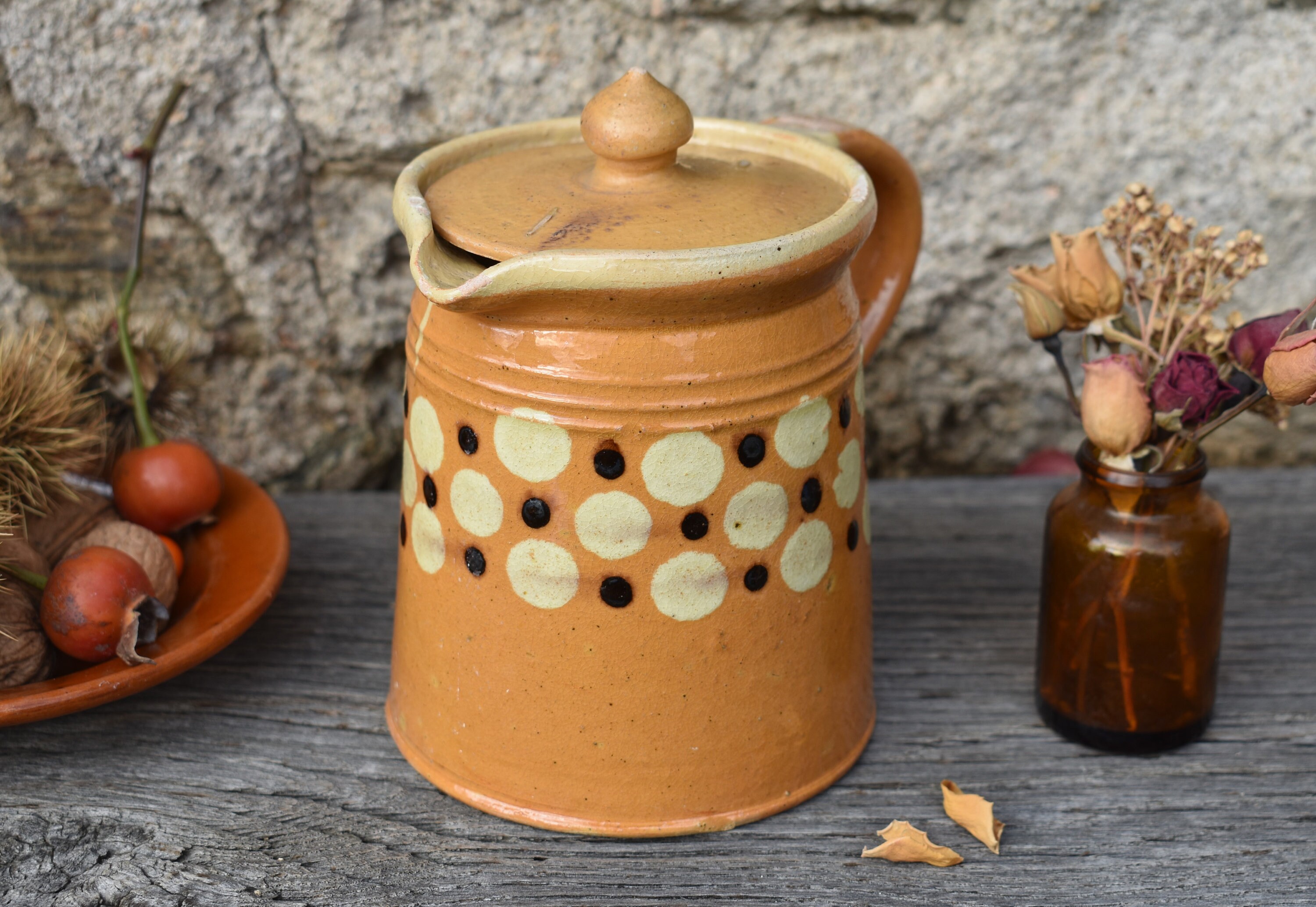 Pichet en Argile Alsace Slipware, Charmante Français Ferme Primitive Terracotta Lait /Eau Jug, Poter