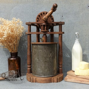 French Wooden Butter Churn, Handmade Butter Maker & Tin Plated Steel Drum, Stunning Hand Cranking Mechanism, Apprentice/Demonstration Piece