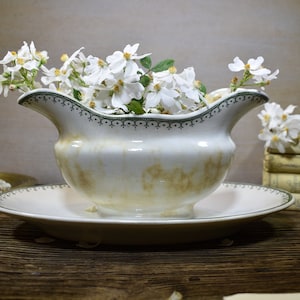 Antique French Ironstone Gravy Boat: Forest Green Transferware, Shabby Chic Decor