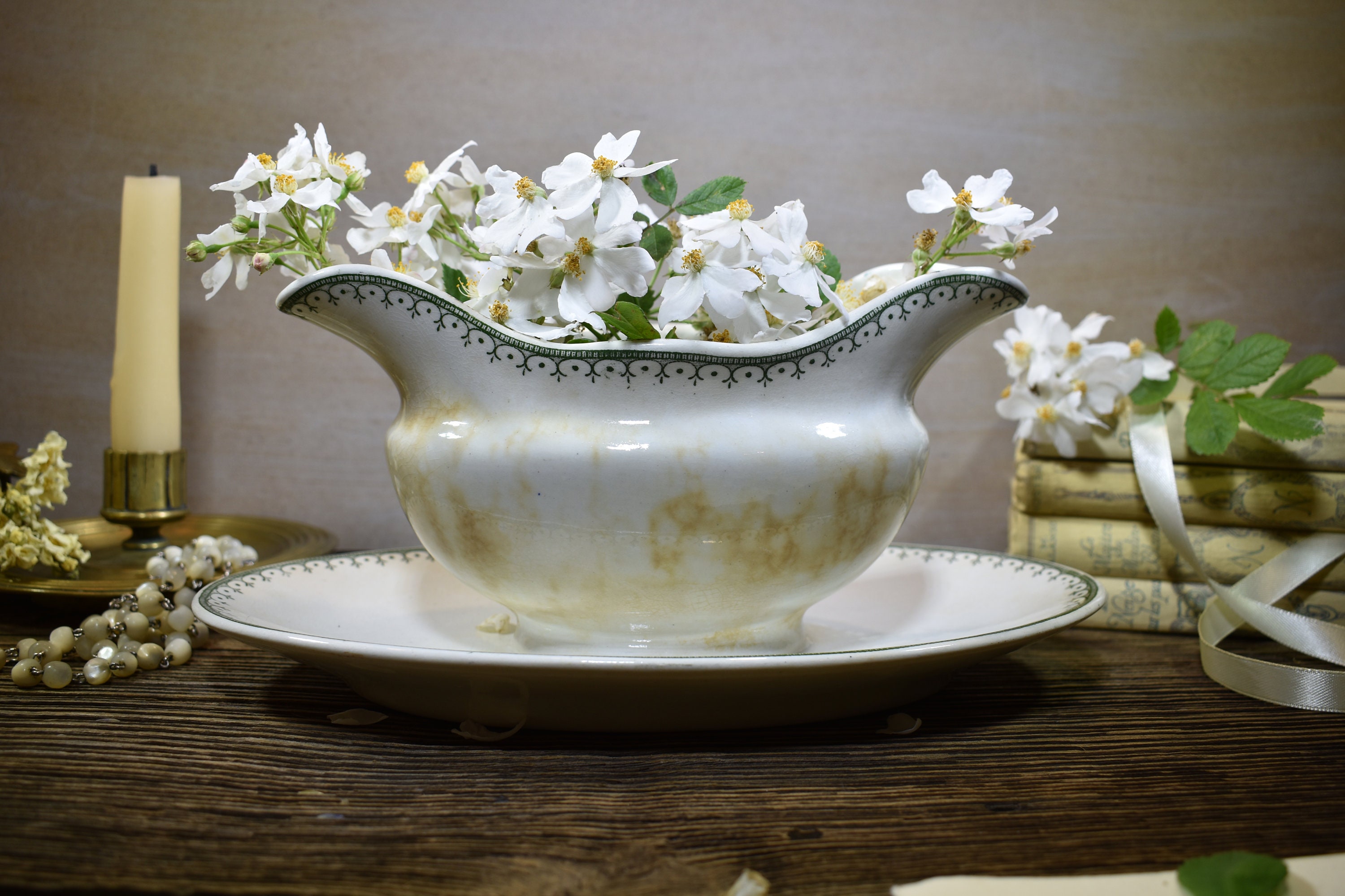 Bateau de Sauce Ironstone Français Antique, Bateau Transfert Vert Forêt, Beau en Pierre Fer Shabby C