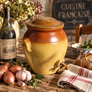 Op de afbeelding: Een grote, ronde, tweekleurige keramische pot met deksel en een houten kraantje. Het bovenste gedeelte is donkerbruin, terwijl het onderste gedeelte een lichtere, gespikkelde beige kleur heeft. Het heeft twee kleine handvatten aan de zijkanten.