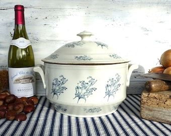 French Large St Uze Blue & White Stoneware Tureen, Adorable French Grey/White Stoneware Tureen, Lovely Cobalt Blue Floral Decor, Classic Uze