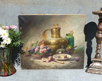 Huile sur toile, nature morte, fruits du début des années 1900, cuivre et fromage, artiste E. Lausanne, prête à encadrer, scène de cuisine de campagne antique