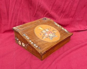 Vintage French Child’s Writing Desk, Hand Painted Floral Secretary with Paris TY Inkwell,Folk Art.