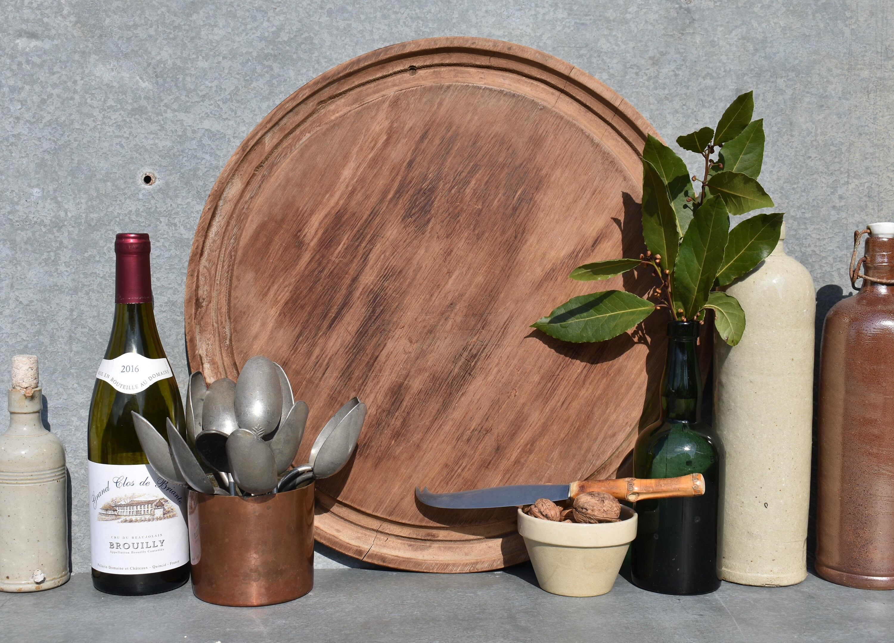 Vintage Français Xl Planche à Découper en Bois de Chêne Rond, Ex Restaurant Rustique en 18