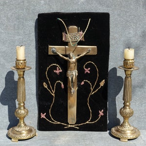 1800s French Bronze Crucifix, Napoleon III Solid Bronze Corpus Christi & Cross Mounted On Folk Art Black Fabric Backing With Floral Decor