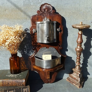 French Late 19th Pewter Fountain, Matching 3 Piece Pewter & Oak Lavabo, Stunning Chinese influenced Complete Wall Mounted Working Fountain