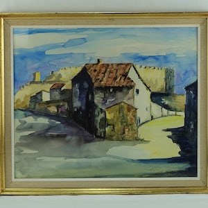 French Original Watercolor, 1971 &quot;J Joinie Maurin&quot; - &quot;Au Pied du Chateau&quot;, Enchanting Old Town & Castle View of Pamiers, Signed + Dedicated