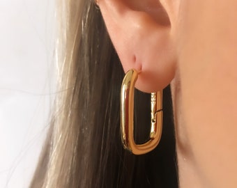 Gold Hoop Earrings, Rectangular Hoops, 14k Gold Filled Earrings, Square Chunky Hoops, Waterproof Earrings, Rectangle Hoops, Holiday Gift