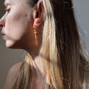 Cross Huggie Hoops, Gold Cross Earrings, Cross Earrings Dangle, Cross Hoop Earrings, Charm Hoop Earrings, Gold Hoop Earrings, Dainty Hoops