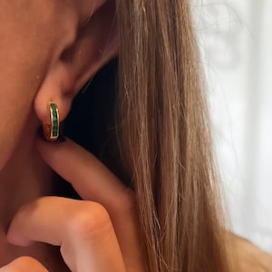 Huggie Hoop Earrings, Emerald Earrings, Emerald Huggie Hoops, Gold Hoop Earrings, May Birthstone, Green Hoop Earrings, Emerald Jewelry
