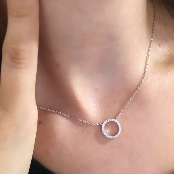 Dainty Circle Necklace, Sterling Silver Ring Necklace, Cubic Zirconia Necklace, Simple Dainty Necklace, Delicate Necklace, Layering Necklace