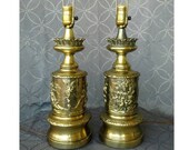 Pair Antique Brass Lamps, Gothic Table Lamps, Applied Relief Bacchanalian Table Lamps, Vintage Metal Art Lamps