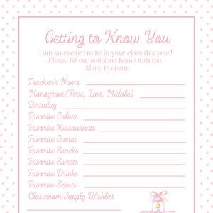 Customizable Teacher Favorites Questionnaire | Back to School | Printable Download