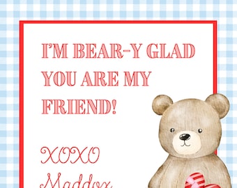 Teddy Bear Valentine Gift Tag | BLUE GINGHAM