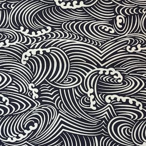 May include: A fabric featuring a repeating pattern of stylized white waves on a dark navy blue background. The design consists of continuous, flowing lines that create circular and swirling motions, accented with small, rounded wave crests.