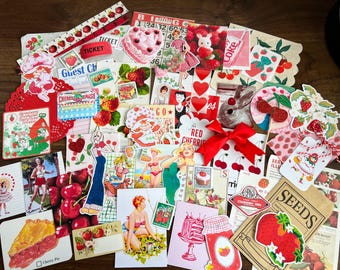 Strawberry & Cherry MEGA Junk Journal Ephemera Pack - 60+ Pieces Retro, Cute Reds Pinks, Strawberry Shortcake, Scrapbook Supplies, Stickers