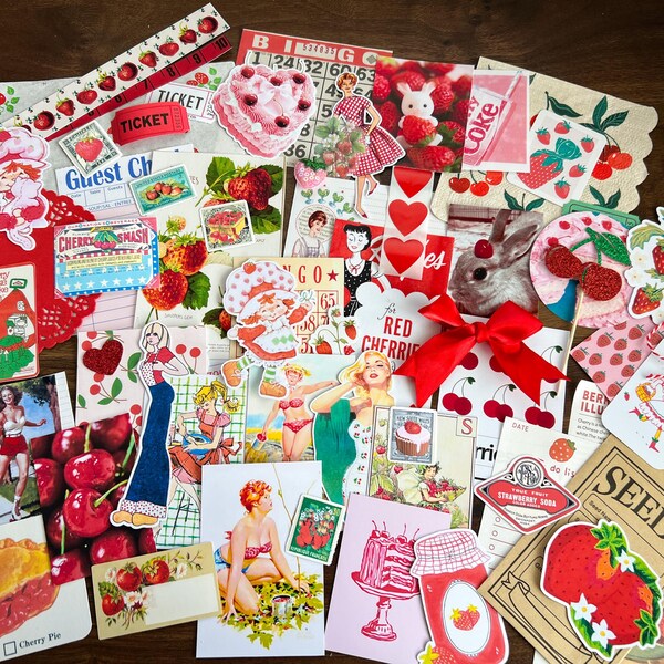 Paquete de material de diario basura MEGA Strawberry & Cherry: más de 60 piezas retro, lindos rojos y rosas, Strawberry Shortcake, suministros para álbumes de recortes, calcomanías