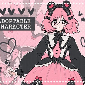 May include: An illustration of an adoptable character in a pink and black dress with a matching headband. The character has pink hair and a sad expression. The image has the text "ADOPTABLE CHARACTER" in a black rectangle.