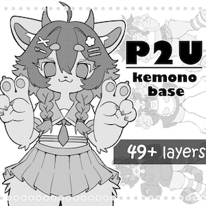 Op de afbeelding: Zwart-wit illustratie van een kemono basiskarakter met grote poten, vlechten en een rok. De tekst "P2U kemono base" en "49+ layers" is ook inbegrepen.