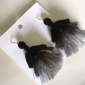 Tiny Pom Pom Triple Layered Tassel Earrings Black & Gray Fish Hook!! Tassels are all the rage this year!!!
