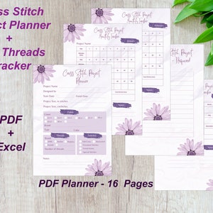 Könnte beinhalten: Ein druckbarer Kreuzstich-Projektplaner mit 16 Seiten. Der Planer enthält einen monatlichen Tracker, einen Projektplaner und einen DMC-Faden-Tracker. Die Seiten sind mit lila Blumen verziert.