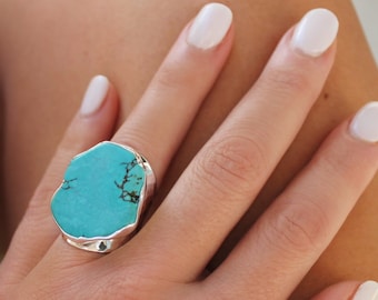 Turquoise Howlite Sterling Silver Statement Cuff Ring / Raw Gemstone Ring / Bohemian Jewerly / Silver Gemstone Ring