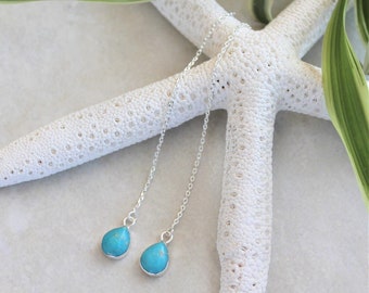 Turquoise Silver Threader Earrings / Gemstone Drop Earrings / Turquoise Teardrop Silver Earrings / Silver Chain Turquoise Earrings