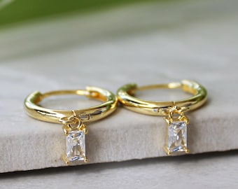 Gold Hoop Huggie Earrings with Cubic Zirconia Charms / Geometric CZ Dangle Hoops / Minimalist Fashion / Dainty Jewellery / Small Hoops